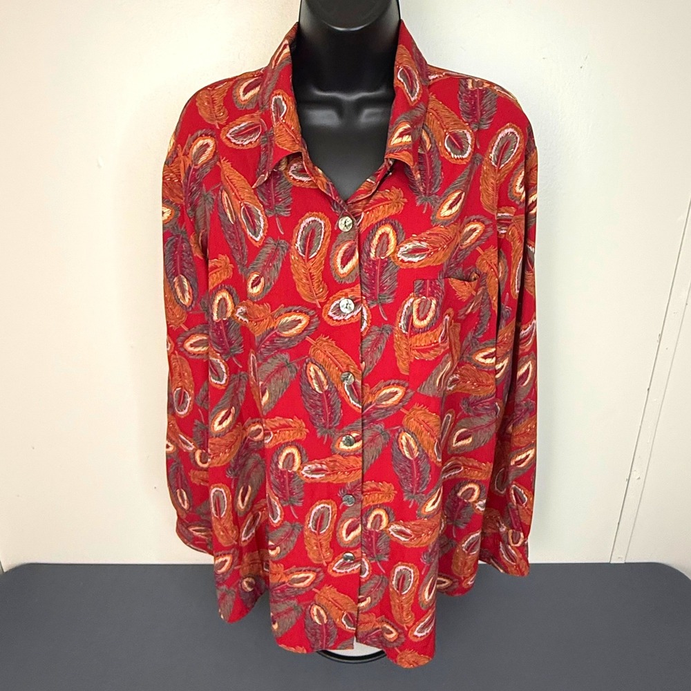 K.C. Studio Women's Feather Print Long Sleeve Button Front Blouse Red Size XL